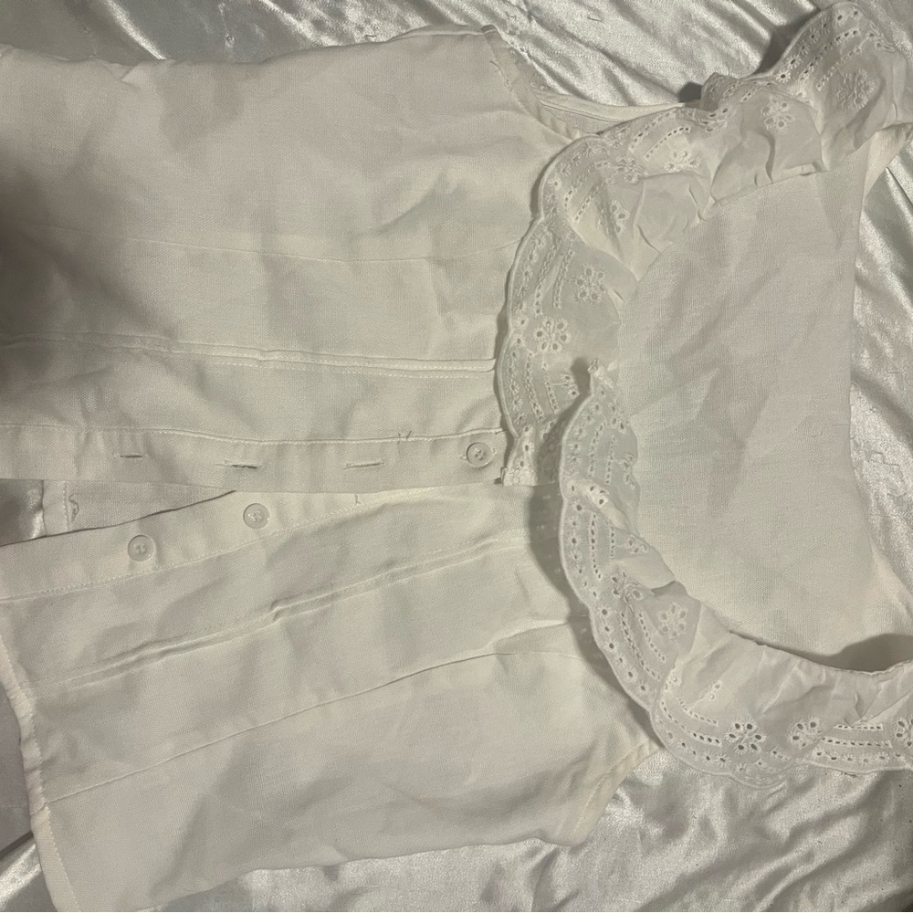 White Button Down Ruffled Blouse with Eyelet Details